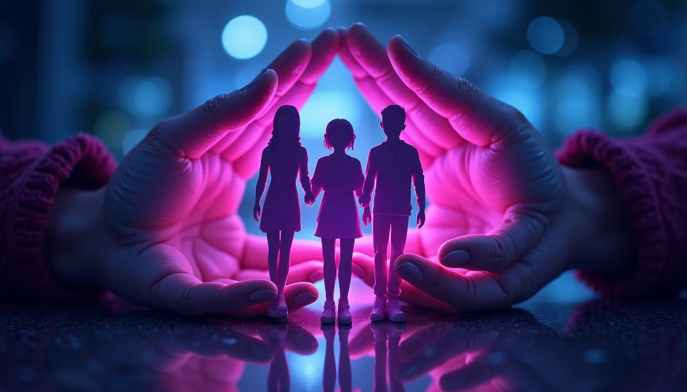 Schützende Hände über einer Familie, abstraktes Schild-Symbol, violett und cyan Farbtöne, Sicherheit